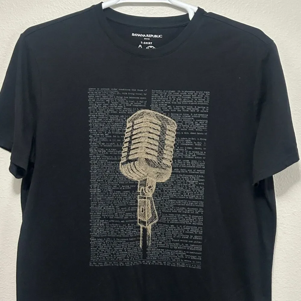 Banana Republic Vintage Microphone T-Shirt Mens XL Black Crew Neck Short Sleeve